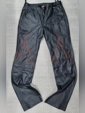 Harley-Davidson Women's Black Leather  pants embroidered orange flame Size 40/12